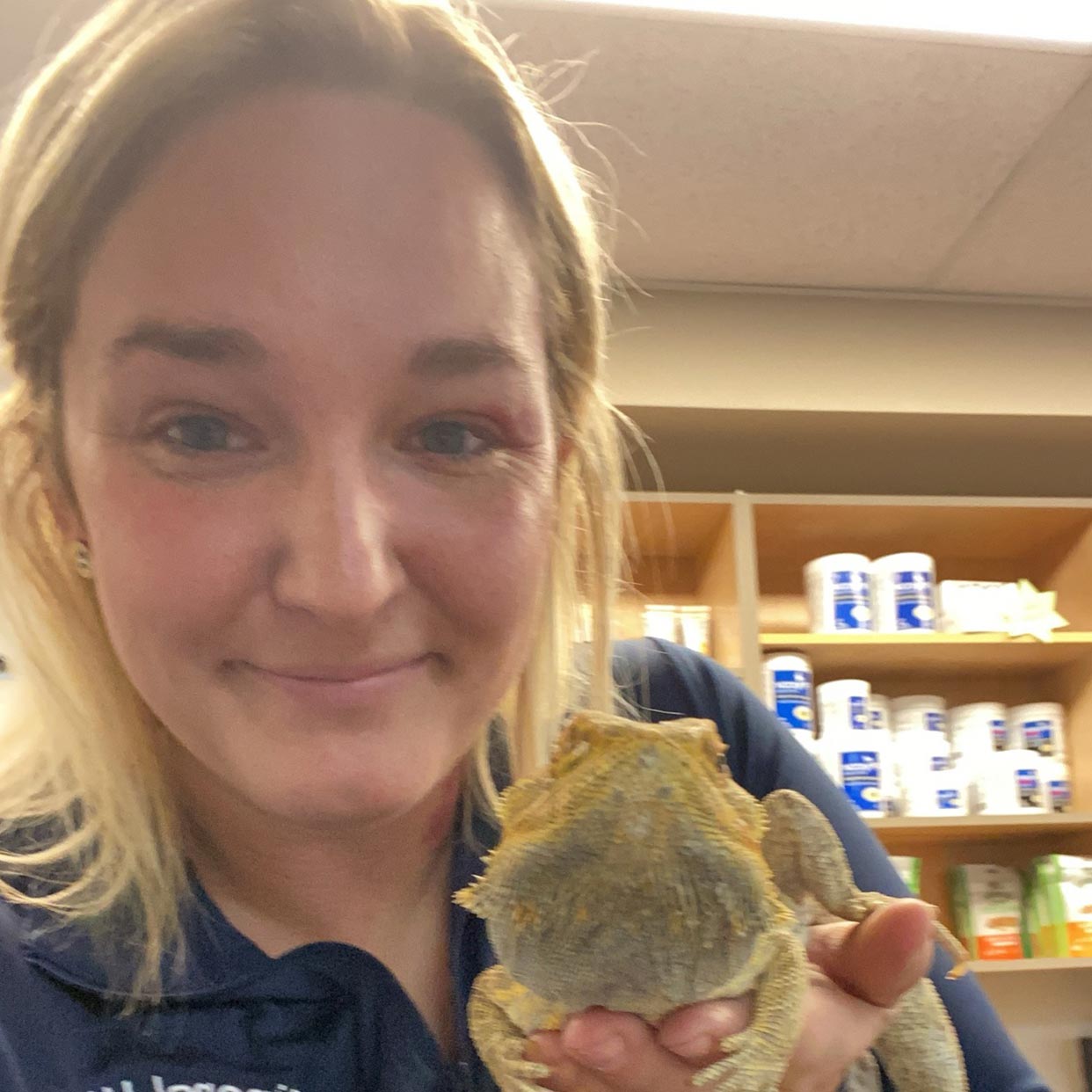 Veterinary Assistant Smiling And Holding Bearded Dragon