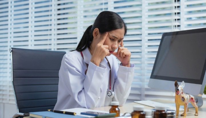 Asian female sitting at her desk rubbing her temples, looking stressed