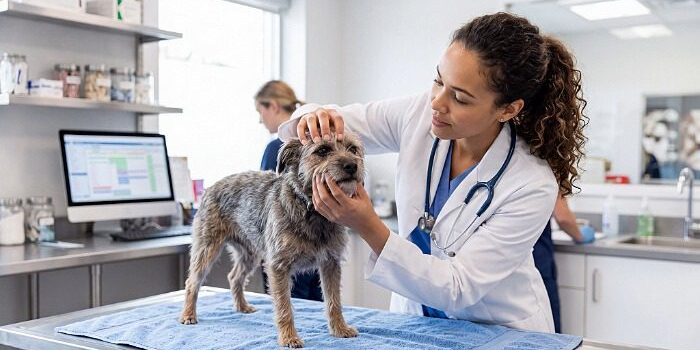 Female veterinarian examining dog